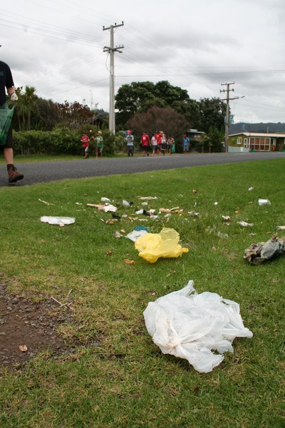 Tairua School children gather rubbish strewn on streets from bags left out on non-collection day